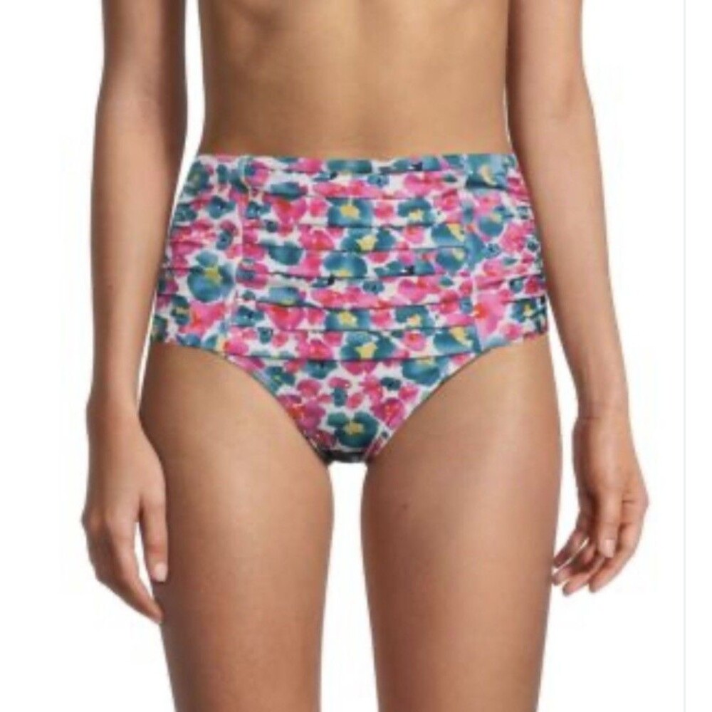 NWT Calvin Klein Women's Floral Print Pleated High Waist Swim Bottoms UPF 50+ XS